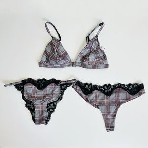 NWT Victoria’s Secret Grey & Pink Plaid Satin Bralette, Thong, & Itsy Panty Set